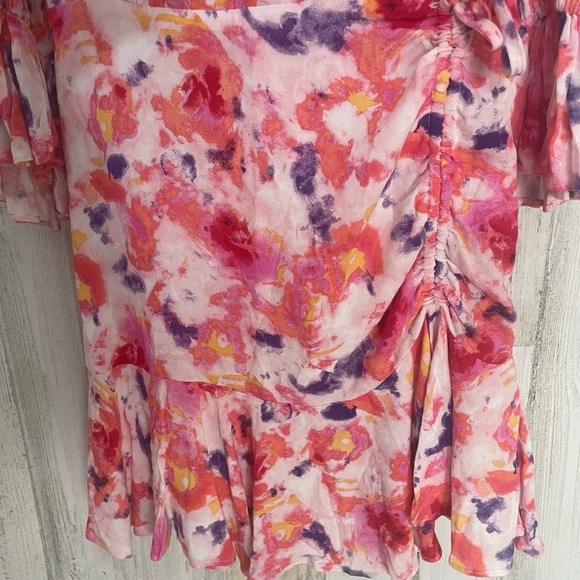 Betsey Johnson Sunset Floral Faux Wrap Dress Pink Yarrow Sz 2 Ruffle V-Neck NWOT - Picture 8 of 12